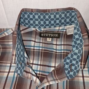Stetson Men's Brown And Turquise Plaid Shirt. Sz MED.